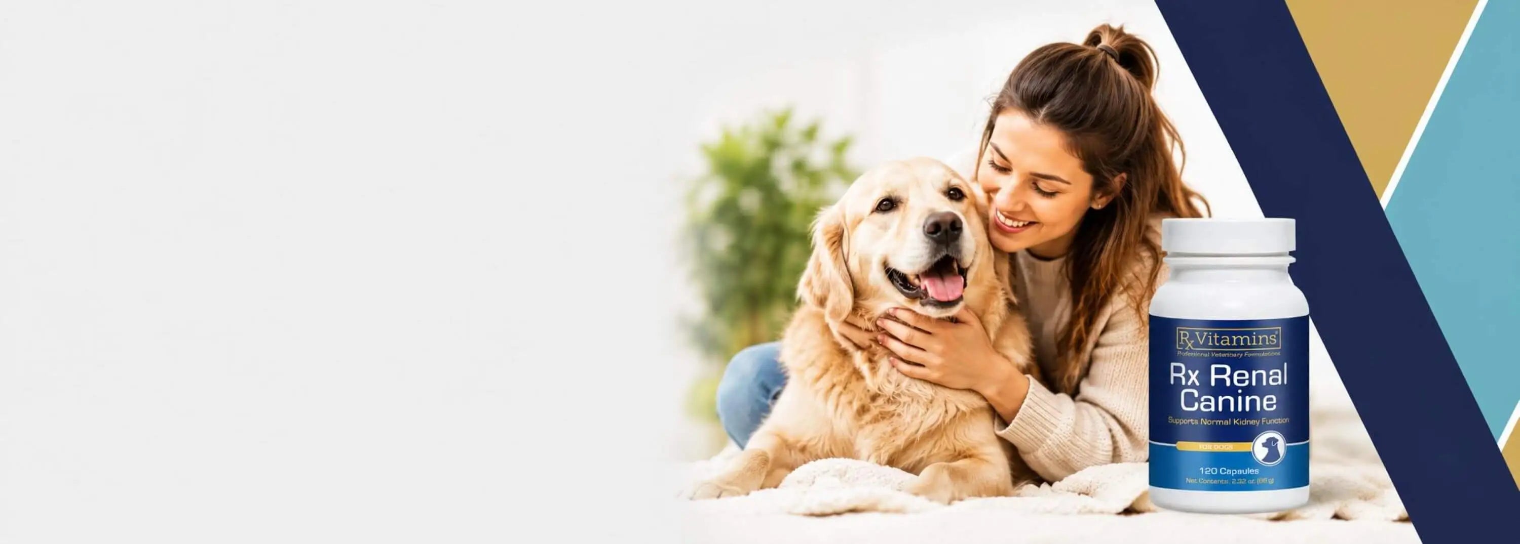Woman with a dog and a bottle of Rx Renal Canine supplement.